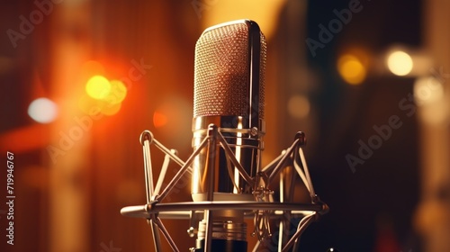 A close-up view of a microphone with a blurry background. This image can be used for various purposes