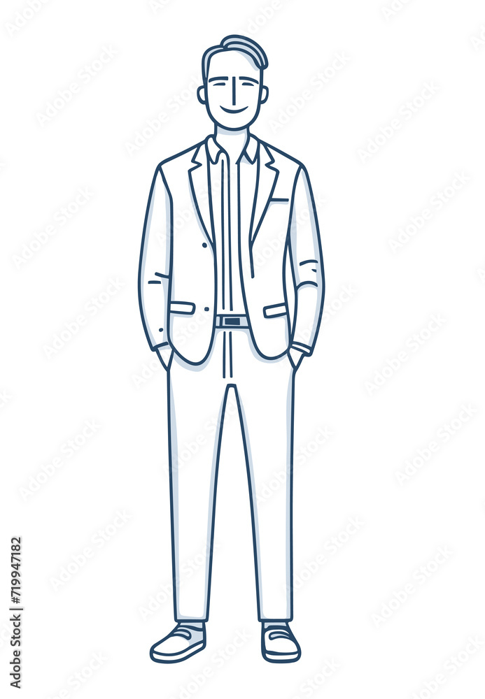 Hand drawn blue outline.Young man businessman in an office suit Full length stands. Line art cartoon vector illustration.