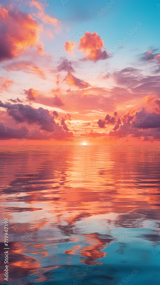 Beautiful pink sunset over the sea with clouds reflected in the water.