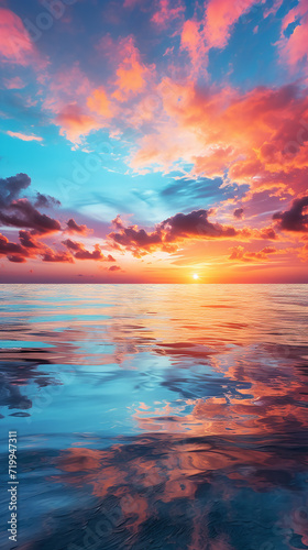 Sunset over the sea with clouds and sky reflected in the water