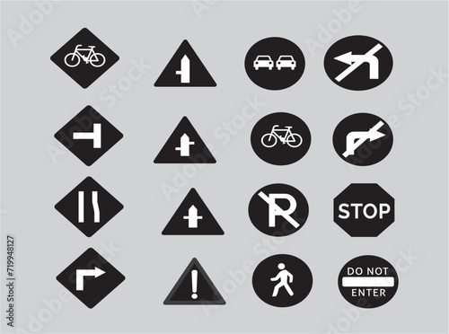 Traffic signs collection. Signs of danger, mandatory, obligations and alerts. Supplementary and routing table. Temporary traffic signs. 