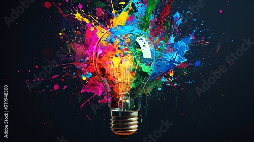 Creative light bulb explodes with colorful paint and splashes