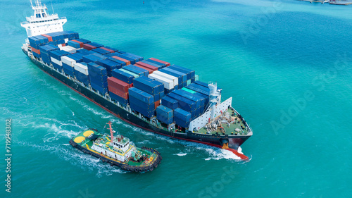 Cargo Container Ship top view. container ship running in the ocean import export shipping industry freight and transportation logistics concept. commercial shipping by sea © Yellow Boat