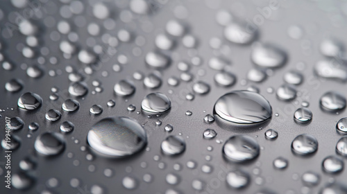Serene Water Droplets Glistening on a Smooth Gray Background