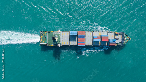 Cargo Container Ship top view. container ship running in the ocean import export shipping industry freight and transportation logistics concept. commercial shipping by sea