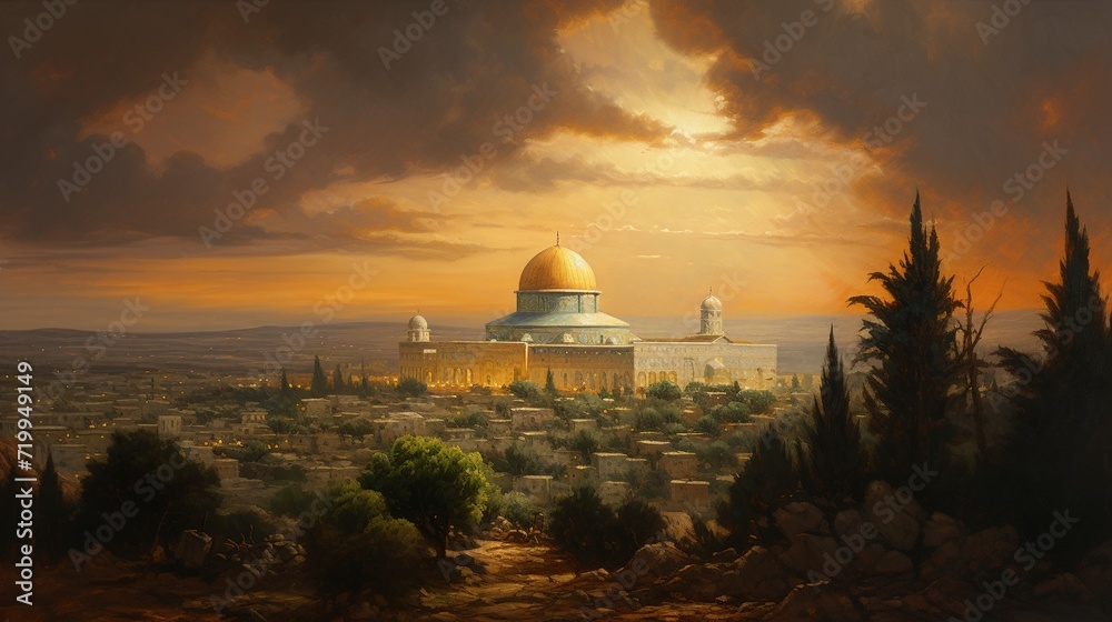 Naklejka premium dome of the rock Jerusalem Israel old city omar mosque al aqsa al quds historical illustration background 