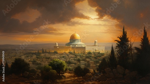 dome of the rock Jerusalem Israel old city omar mosque al aqsa al quds historical illustration background  photo