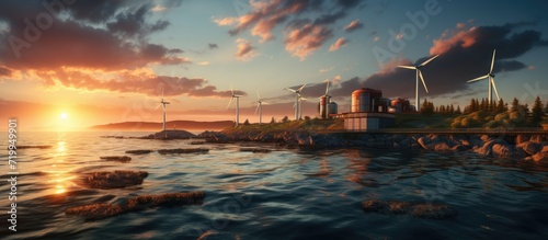 solar power plant and wind generator on the high seas at sunset. Power plant with eco energy concept