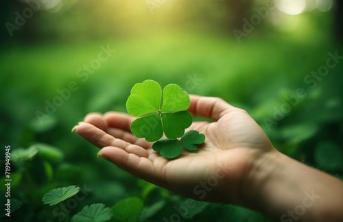 Hand holding green clover leaf on nature background, St. Patrick's Day