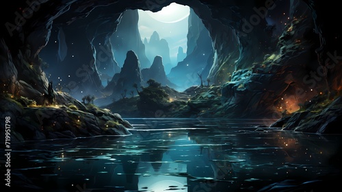 A hidden obsidian black lake tucked away in a deep cave  with the night sky visible through the opening  showcasing a vibrant celestial panorama