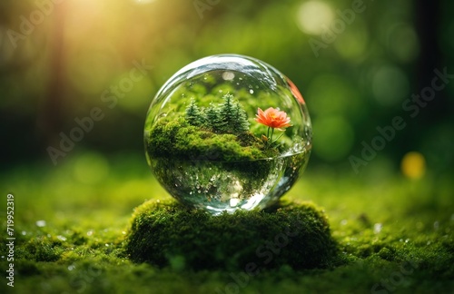 Crystal globe putting on moss. water dew, flower, creating beautfiul scene photo