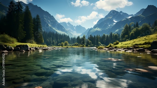A hidden turquoise blue lake nestled between two massive mountains, their slopes covered in dense forests. The lake's calm surface mirrors the towering peaks above