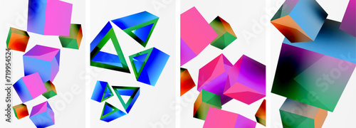 Flying 3d shapes, cubes and other geometric elements background design for wallpaper, business card, cover, poster, banner, brochure, header, website