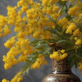 Vase with spring yellow mimosa flower