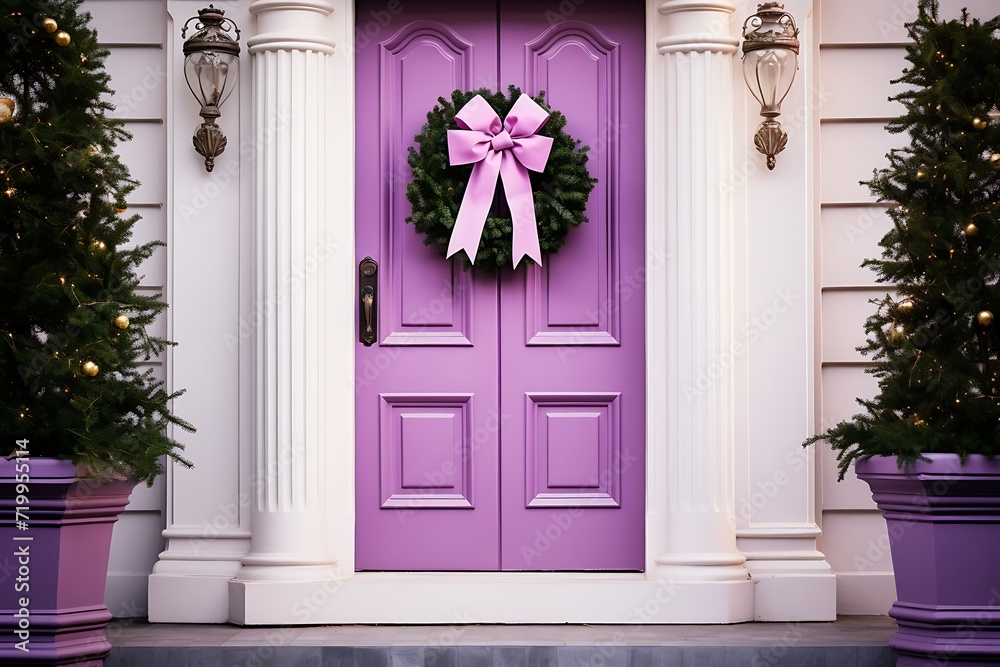 Pink door decorated with tree and bow on the background of purple wall. Pink door decorated with tree and bow on the background of purple wall.