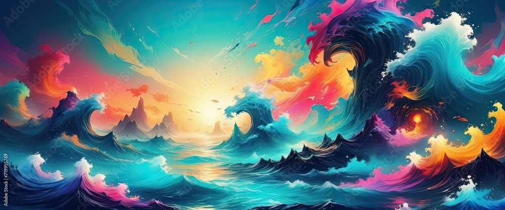 Colorful sea waves in fantasy. Fairytale. Abstract art - obrazy, fototapety, plakaty 