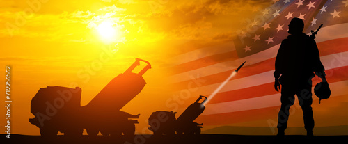 Artillery rocket system and soldiers at sunset with USA flag. Multiple launch rocket system. Veterans Day, Memorial Day, Independence Day. America celebration. 3d illustration © arsenypopel