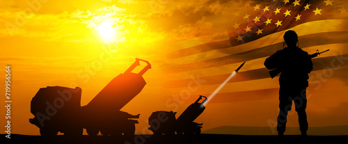 Artillery rocket system and soldiers at sunset with USA flag. Multiple launch rocket system. Veterans Day, Memorial Day, Independence Day. America celebration. 3d illustration © arsenypopel