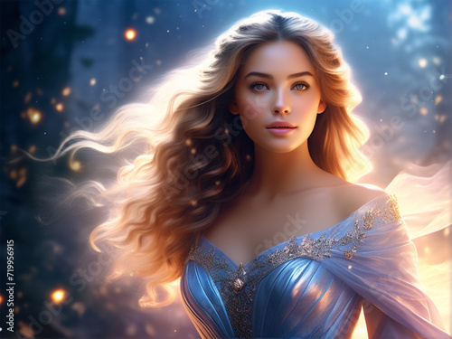  a beautiful blonde woman with a tiara in her curly hair. She is wearing a flowing blue dress and looking into the distance with a serious expression. The background is a mix of blue