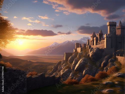 a castle is perched on a grassy hillside with a red flag flying at the top. The sky is a mix of blue and orange, indicating it's either dawn or dusk.