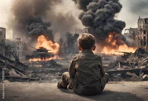  War impact on children, Kid and cannon imagery, Psychological effects of war, Child in war zone, War scene with child, Impact of conflict on kids, Innocence in wartime, Children affected by war, Cons