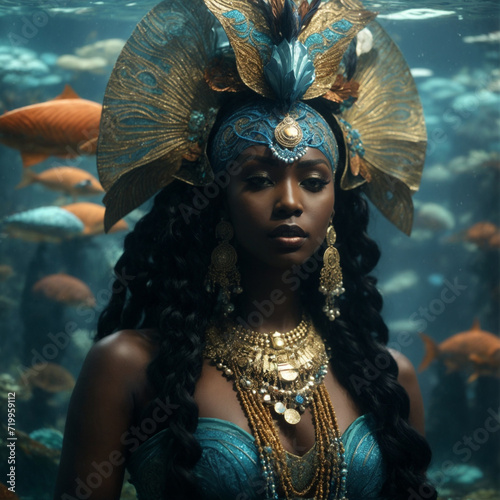 Yemaya Orisha, Goddess, and Queen of the Sea, in blue dress Illustration photo