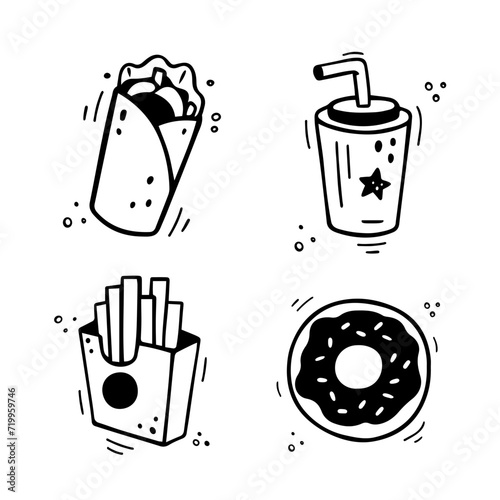 Fast food icons set - shawarma, burrito, French fries, paper cup with drink, donut. Hand drawn fast food combo. Comic doodle style. Colorful snacks drawn with felt tip pen. Vector illustration