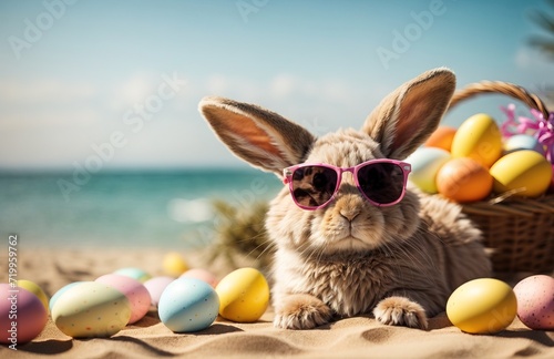 Easter bunny wearing sunglasess with easter eggs on the beach decoration photo