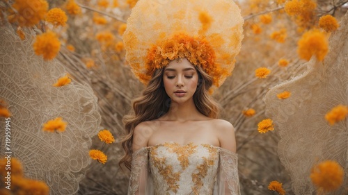 enchanting and elegantly beautiful bride with marigold and orange petals photo
