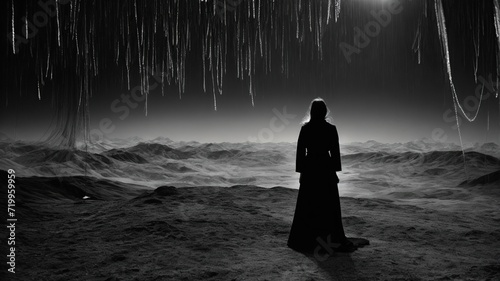 A woman standing and watching over a barren landscape in an alien world. Black and White surreal photography photo