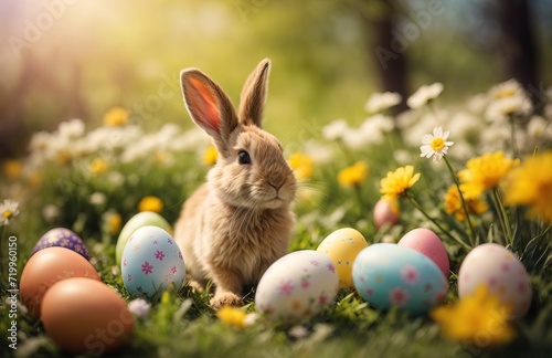 Easter bunny in meadow with easter egg flower decoration