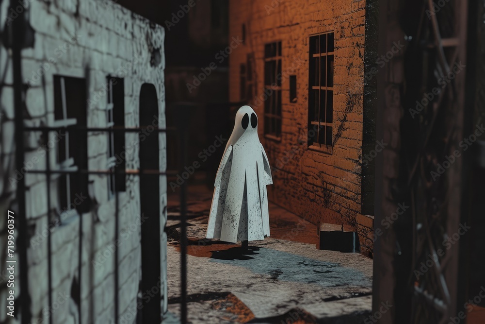 A mysterious figure in a ghost costume standing in a dimly lit alleyway illustration of a ghost