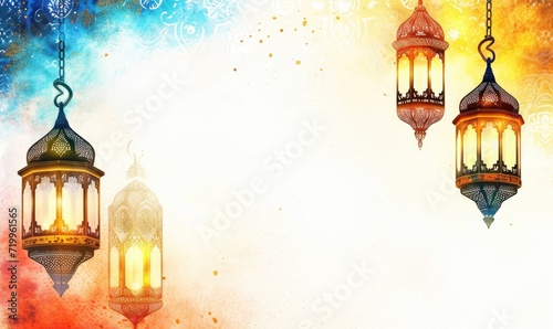 lantern  on white background with copy space concept of fasting month sale discount, grand opening, iftar menu advertisement, iftar party poster 