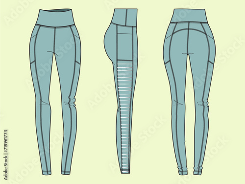 Ladies workout activewear leggings - Front, Back, and Side Views - Gym and Sports Vector Flat Sketch