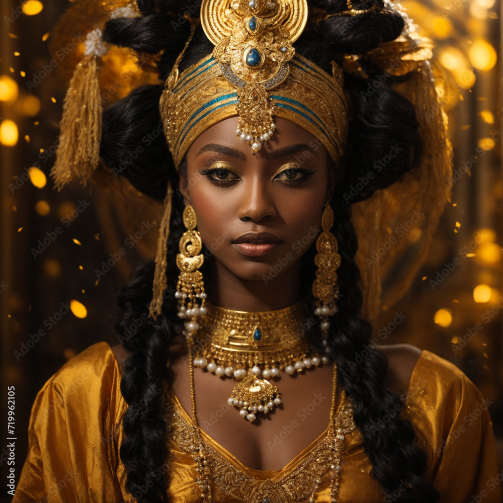 Yemaya Orisha, Goddess, and Queen of the Sea, in golden dress 