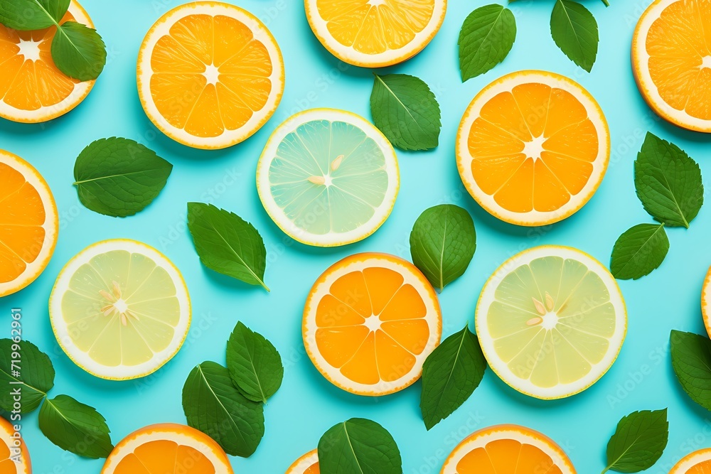 Creative layout made of citrus fruits on blue background. Flat lay, top view