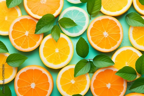 Creative layout made of citrus fruits on blue background. Flat lay, top view