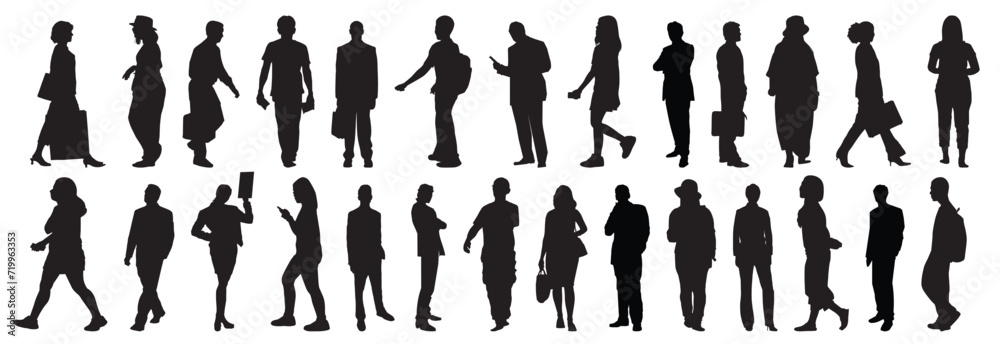 silhouettes of group of people walking and standing.