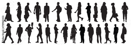 silhouettes of group of people walking and standing.