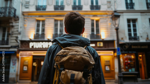 Anonymous, adventure and backpack with man tourist for travel, freedom or training vacation. Health, workout and bag with person on city street for winner, motivation or exercise in nature