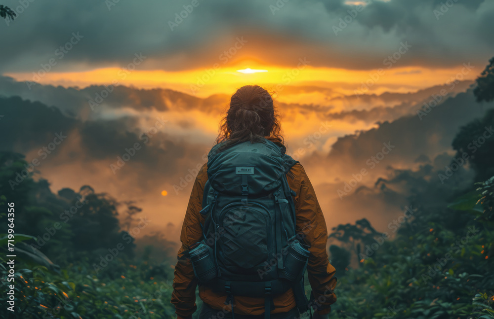 Relax, adventure and background with hiking gear for travel, freedom or vacation. Health, activity and outdoors with person on landscape view for wellness, motivation or discovery in nature