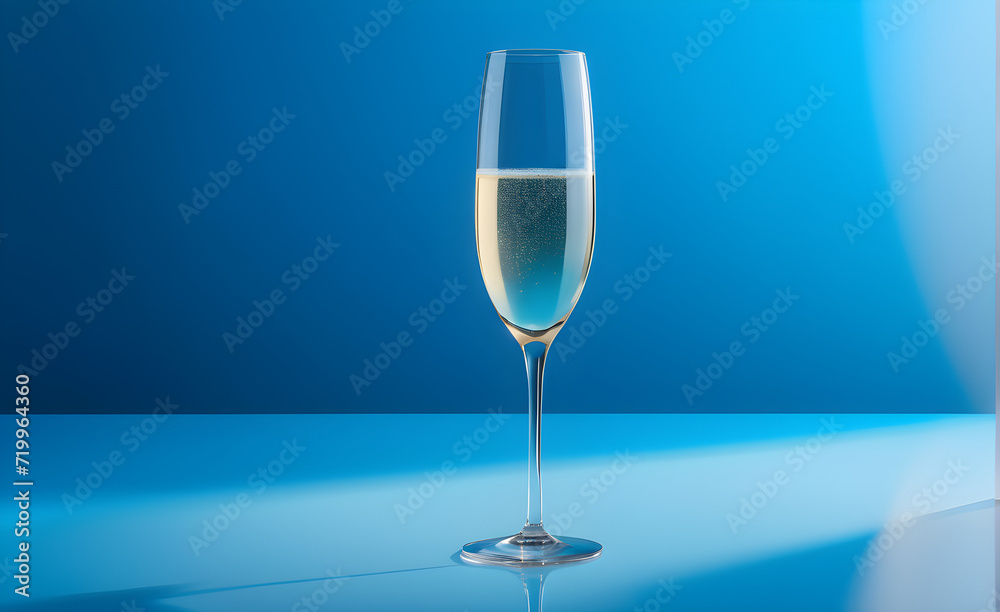 A champagne glass on a simple soft blue background, Valentine's Day, Christmas. Generative AI A champagne glass on a simple soft blue background, Valentine's Day, Christmas. Generative AI