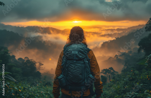 Relax, adventure and background with hiking gear for travel, freedom or vacation. Health, activity and outdoors with person on landscape view for wellness, motivation or discovery in nature