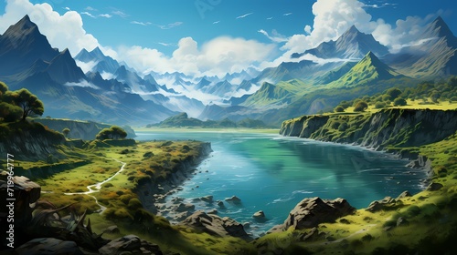 A bird's-eye view of a hidden turquoise blue lake, nestled deep within a valley. The mountains embrace the lake, shielding it from the outside world, creating a haven of tranquility