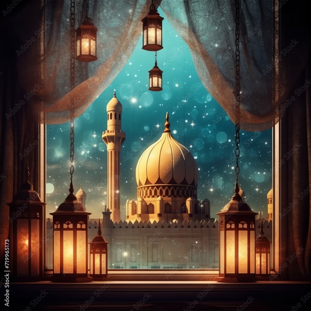 Fototapeta premium Eid mubarak and ramadan kareem greetings with islamic lantern and mosque. Eid al fitr background