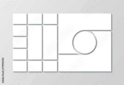 Moodboard layout grid. Mosaic pictures frame with circle in center. Portfolio images template. Empty album brandboard. Photo collage template. Mood board. Retro gallery background. Vector illustration