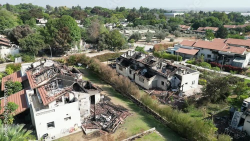 Destroyed houses in kibbutz Beeri after terror attack, Aerial
Drone view from South Israel, 4K, January,23,2024
 photo