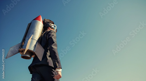Businessman in suit with jet pack standing against blue sky photo