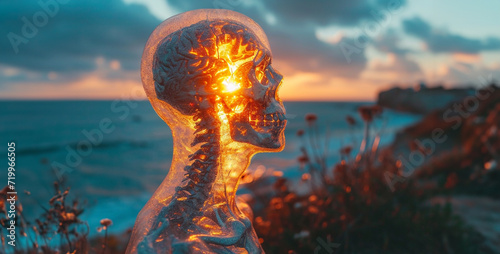 Fototapeta Human skeleton with glowing eye on the beach at sunset