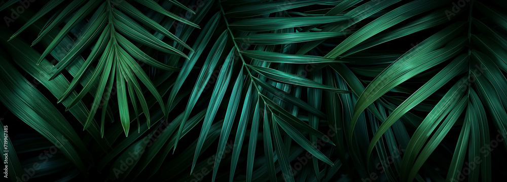Fototapeta premium Abstract green tropical leaf texture, nature background. Palm tree leaves floral illustration banner. Graphic resource abstract, summer tropical leaves, ocean vacation panorama by Vita